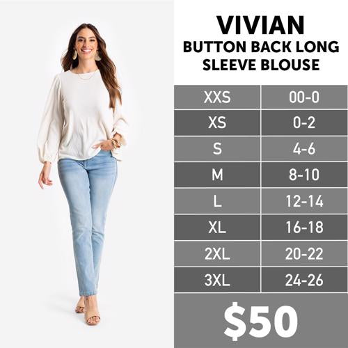 Vivian Button Back Long Sleeve Blouse Size Chart